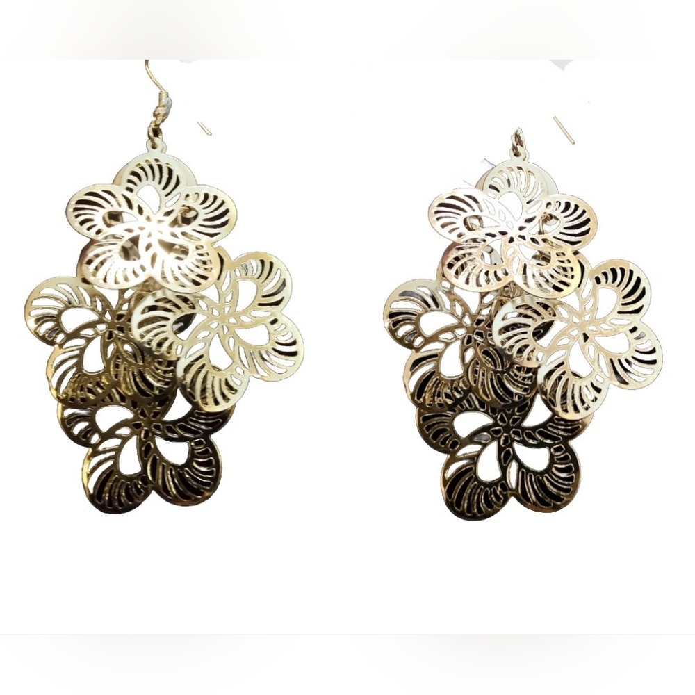Gold Tone flower dangle hook earring large lightweight